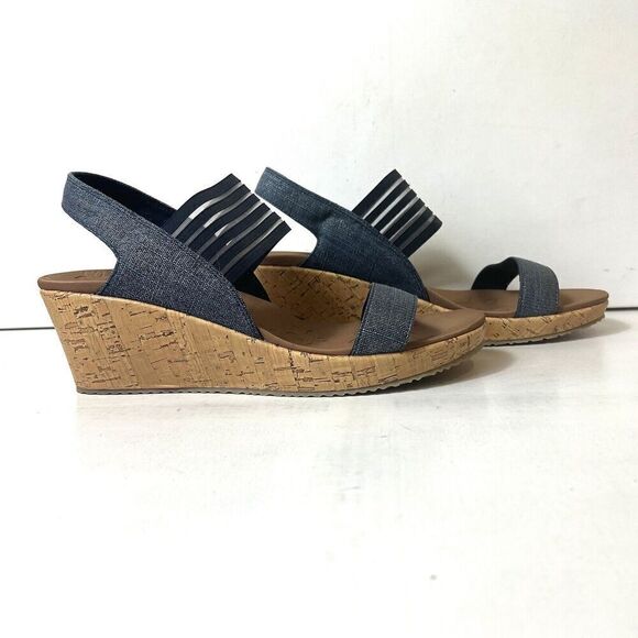 Skechers Luxe Foam Wedge Women's 11 Blue Fabric Sandals Sling Back Open Toe NEW - Picture 4 of 12